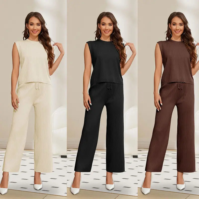 Women's Sleeveless Knit Pullover Vest and Wide Leg Trousers Casual Suit