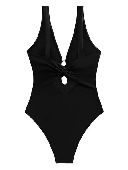 Women'S Sexy Solid V Neck Ruched Ring Linked One-Piece Swimsuit, Swimsuit for Women, Casual High Waist Swimwear for Summer, Ladies Swimsuit for Beach Holiday Vacation