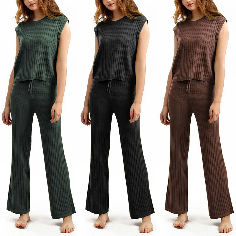 Women's Sleeveless Knit Pullover Vest and Wide Leg Trousers Casual Suit