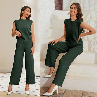 Women's Sleeveless Knit Pullover Vest and Wide Leg Trousers Casual Suit