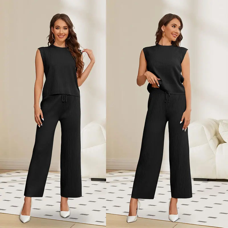 Women's Sleeveless Knit Pullover Vest and Wide Leg Trousers Casual Suit