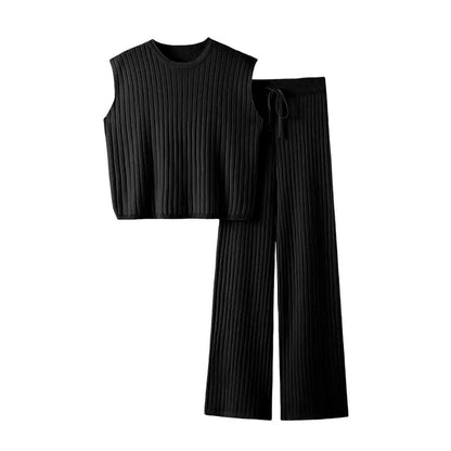 Women's Sleeveless Knit Pullover Vest and Wide Leg Trousers Casual Suit