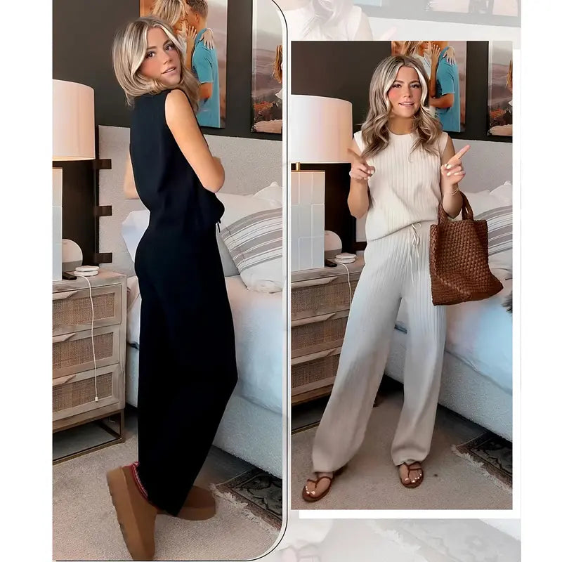 Women's Sleeveless Knit Pullover Vest and Wide Leg Trousers Casual Suit