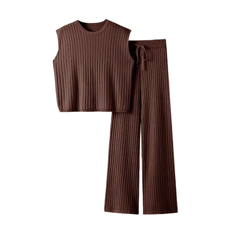 Women's Sleeveless Knit Pullover Vest and Wide Leg Trousers Casual Suit