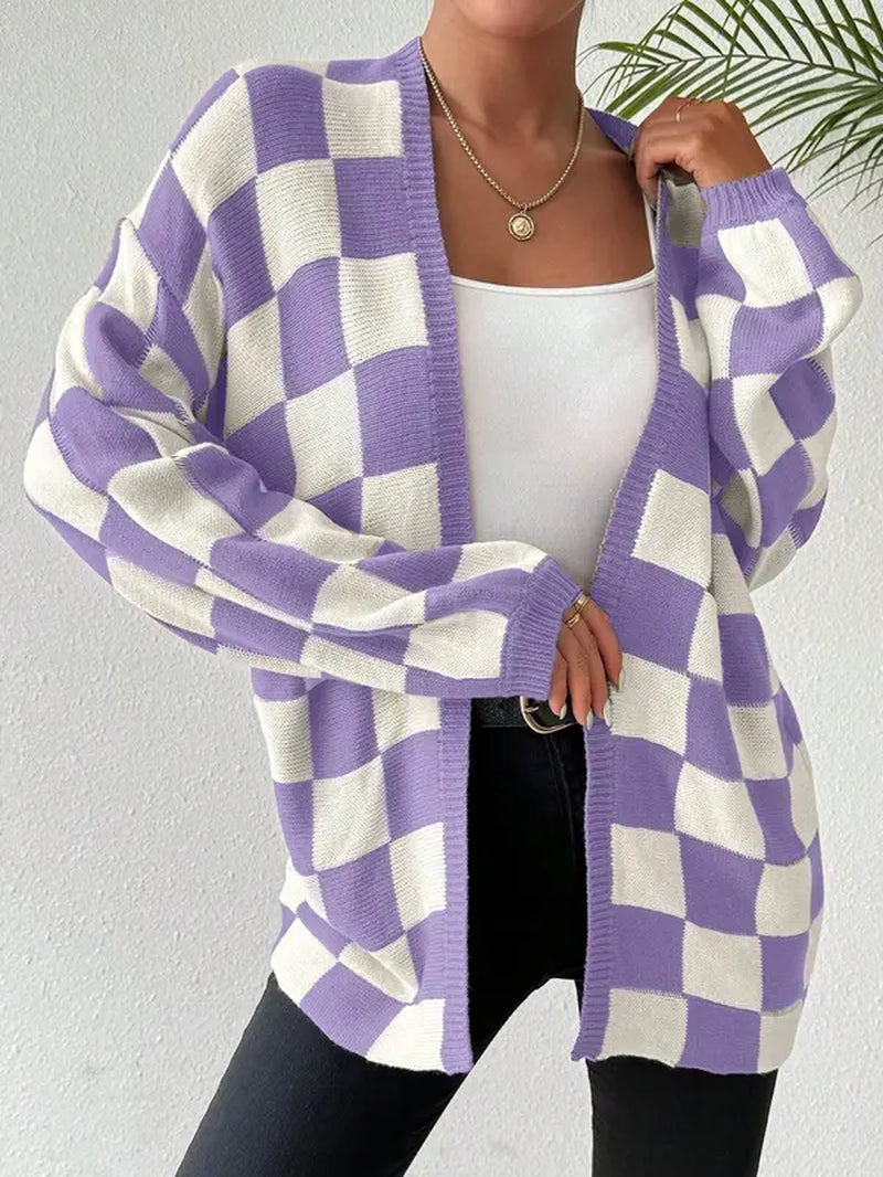 Checkerboard Print Drop Shoulder Cardigan - Casual Long Sleeve Knitwear for Fall & Winte