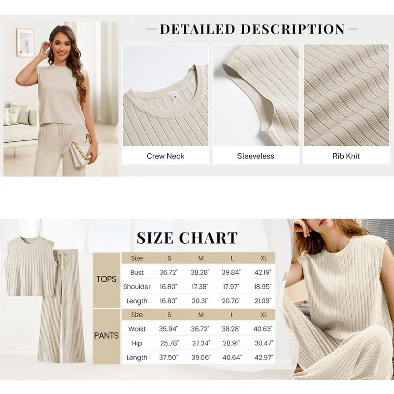 Women's Sleeveless Knit Pullover Vest and Wide Leg Trousers Casual Suit